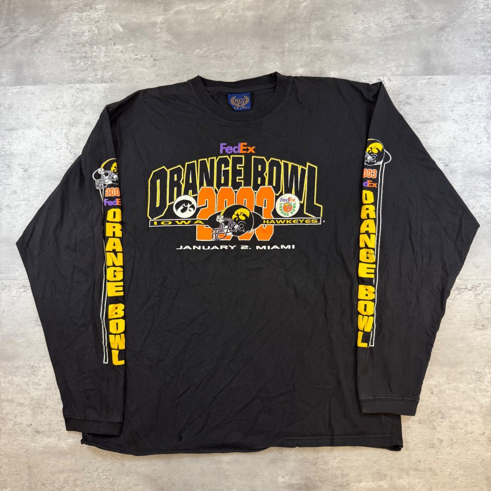 Vintage 2003 FedEx Orange Bowl Iowa Hawkeyes Long‎ Sleeve T-Shirt Black Mens XL